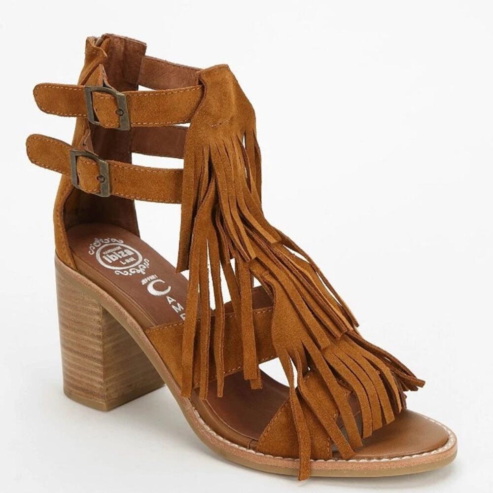 Jeffrey Campbell Western Revival Fringe Dodge Suede Stacked Heel Sandals 6.5